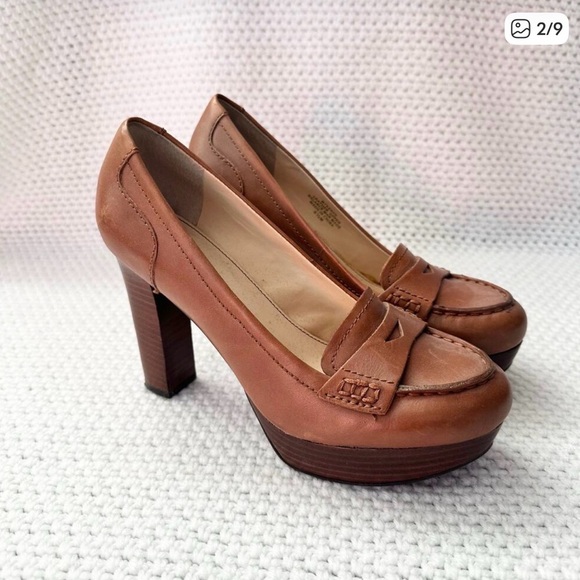 Marc Fisher Keeps Brown Tan Leather Platform Penny Loafer Stacked Heel Pump 6.5 - Picture 2 of 9